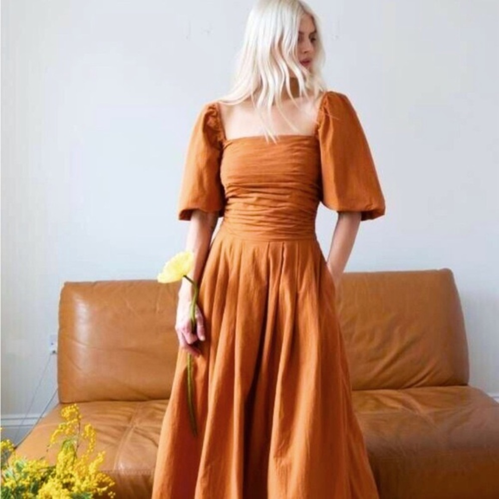Free People Ain’t She a Beaut Puff Sleeve Midi Ruched Dress Terra Size X Small